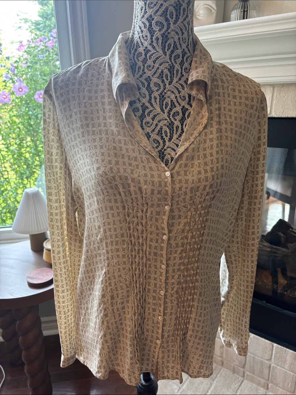 Talbots Silk  Beige Patterned Button-Down Blouse